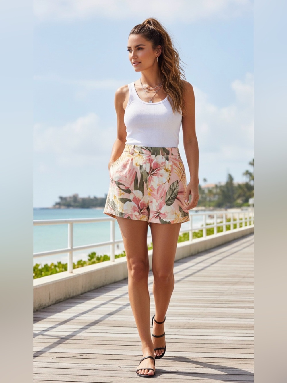 (#52)JOIE Linen Floral Pink Tropical High-Rise Shorts
